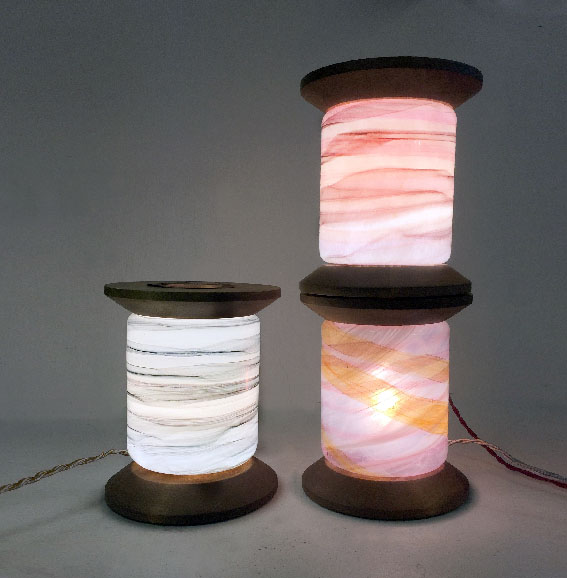 "Kehrä" unique table lamps in hand blown glass & wood.